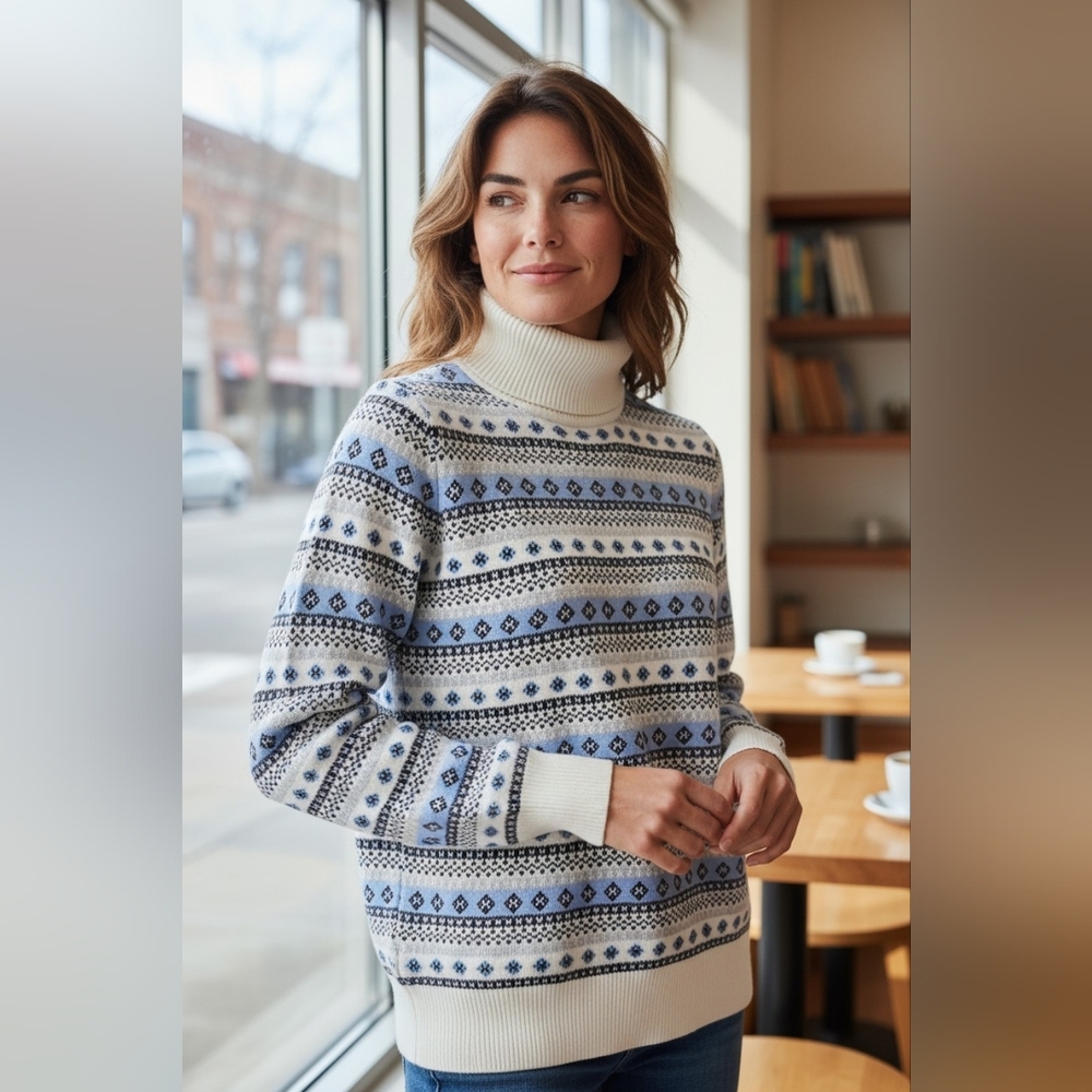 L.L. Bean Blue and White Turtleneck Sweater